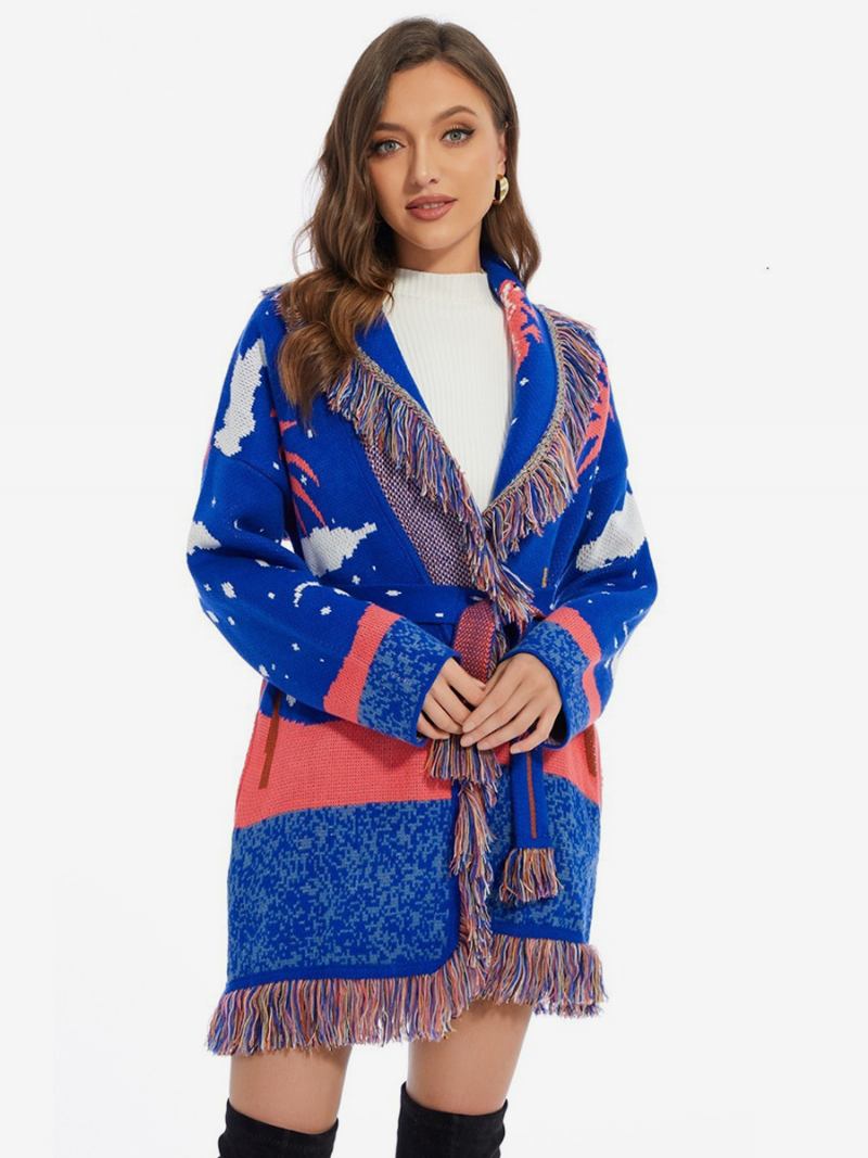 Boho Pulover Od Vune S Remenom I Obrubom Jacquard Kardigana Resicama - Plava