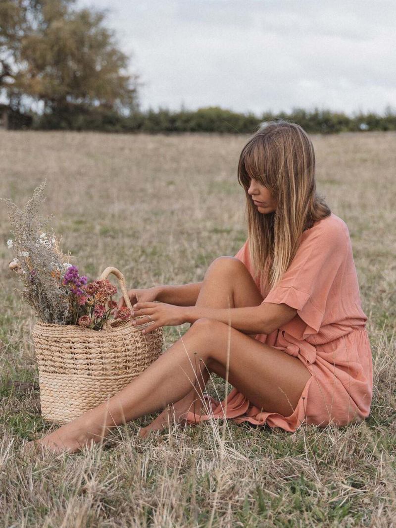 Ženska Boho Haljina Dubokih Do Pola Rukava S Pojasom Ljetne Maksi Haljine Za Plažu - Ružičasta