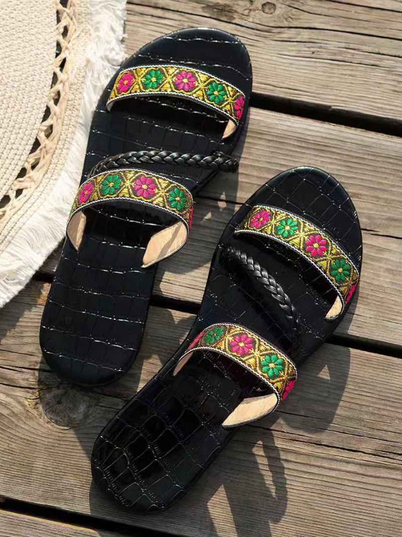 Boho Sandale Slides Ženske Ravne Papuče S Otvorenim Prstima Za Plažu - Crno