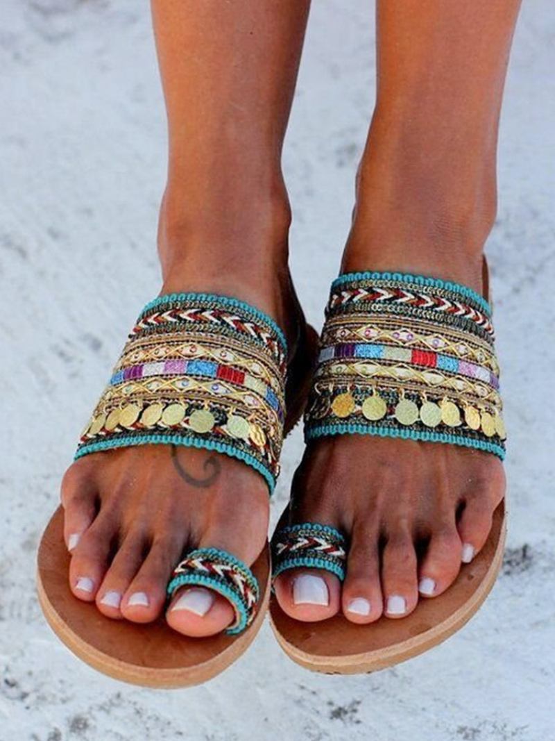 Ženske Sandale Za Plažu Boho Toe Loop Slides - Zelena