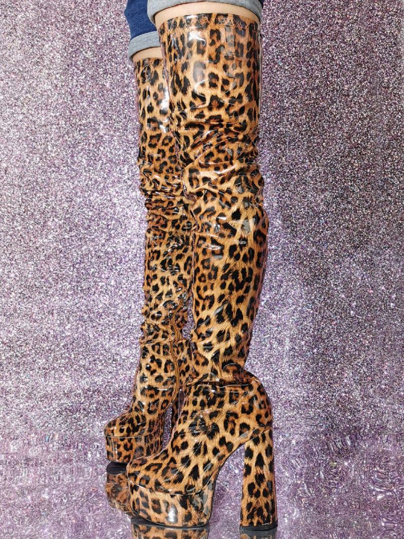 Ženske Seksi Čizme Do Bedra Leopard Platforma S Visokom Petom Preko Koljena - Leopard