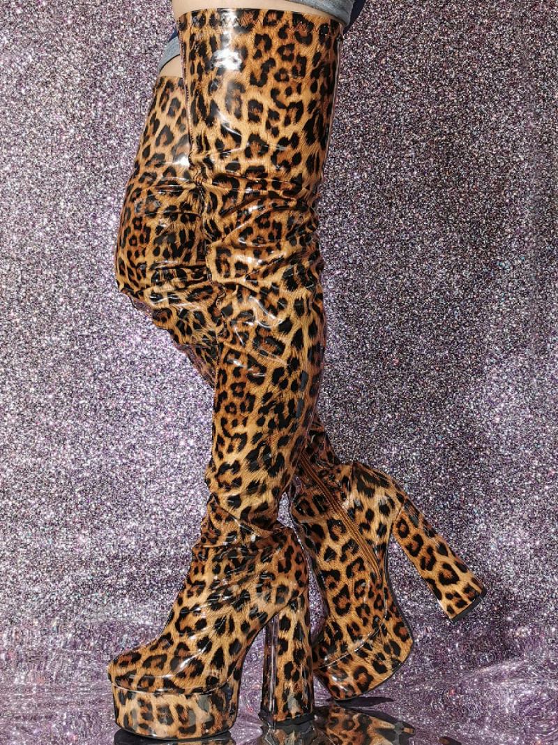 Ženske Seksi Čizme Do Bedra Leopard Platforma S Visokom Petom Preko Koljena - Leopard