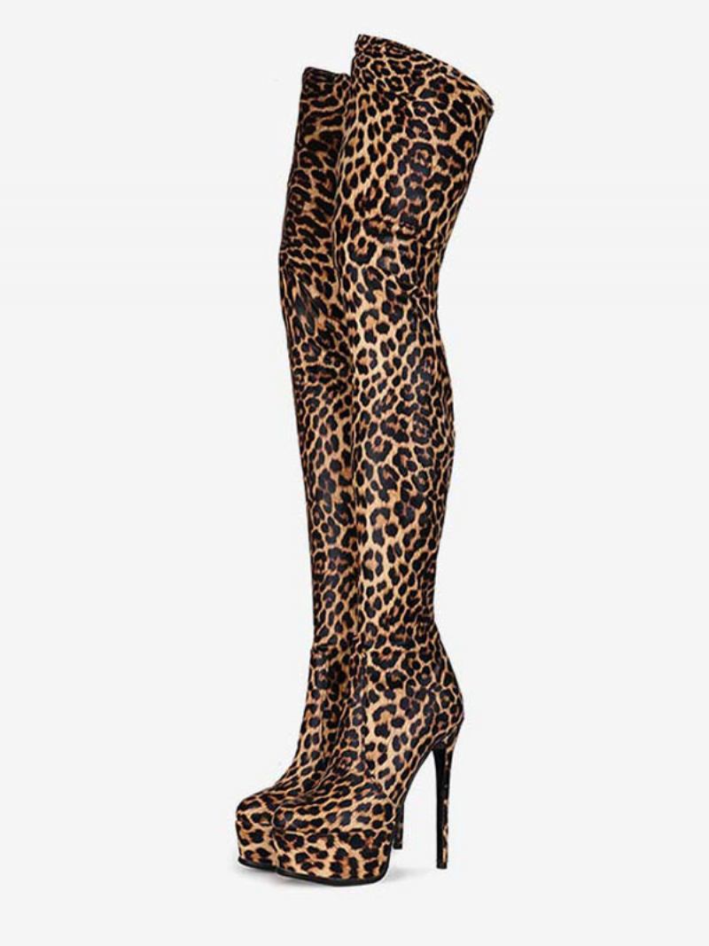 Ženske Visoke Čizme S Okruglim Prstima I Leopard Printom Na Stiletto Petu Zimske Platformom Za Žene