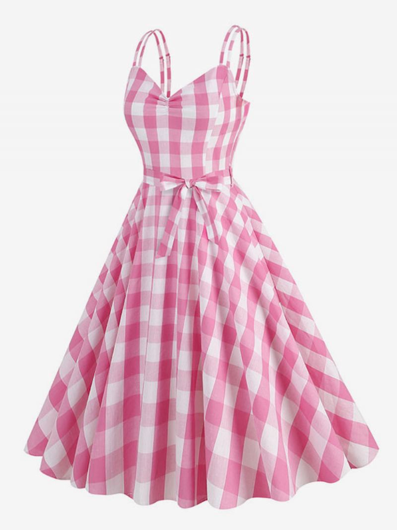 Ženska Barbie Gingham Haljina 1950-ih Audrey Hepburn Vintage Bez Rukava - Ružičasta