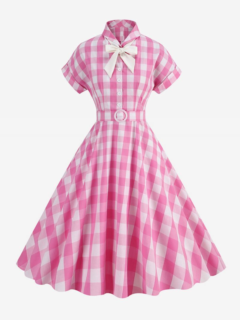 Ženska Barbie Ružičasta Gingham Haljina 1950-ih Vintage Karirana Kratkih Rukava