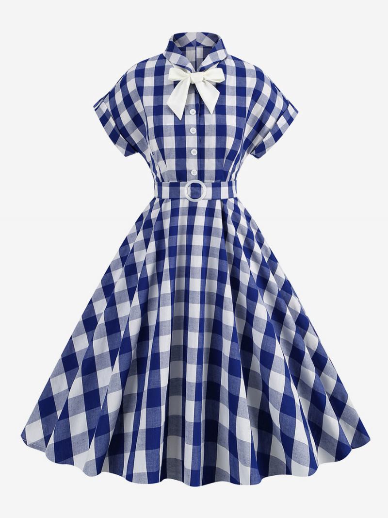 Ženska Barbie Ružičasta Gingham Haljina 1950-ih Vintage Karirana Kratkih Rukava - Duboko Plava