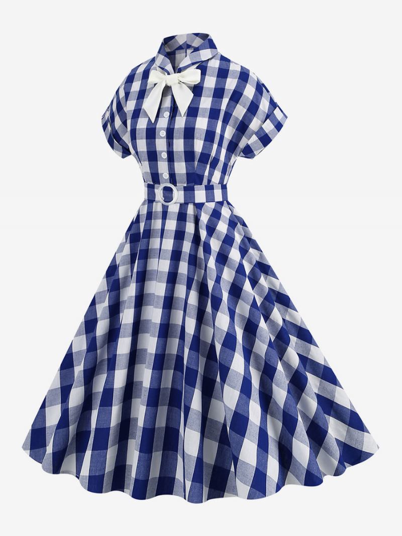 Ženska Barbie Ružičasta Gingham Haljina 1950-ih Vintage Karirana Kratkih Rukava - Duboko Plava