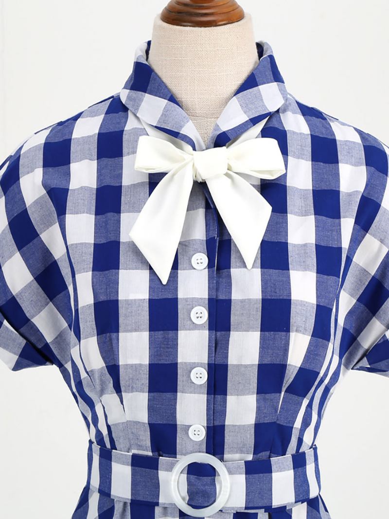 Ženska Barbie Ružičasta Gingham Haljina 1950-ih Vintage Karirana Kratkih Rukava - Duboko Plava