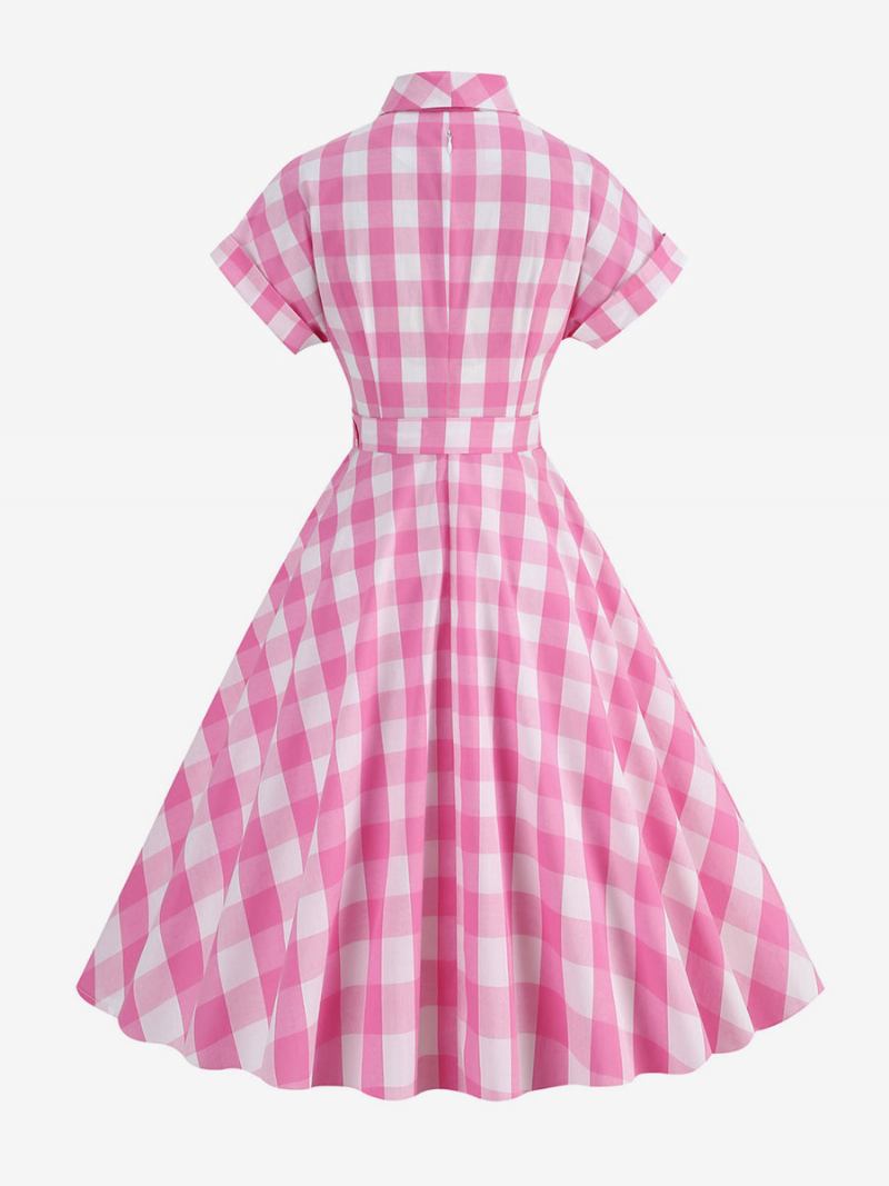 Ženska Barbie Ružičasta Gingham Haljina 1950-ih Vintage Karirana Kratkih Rukava - Ružičasta