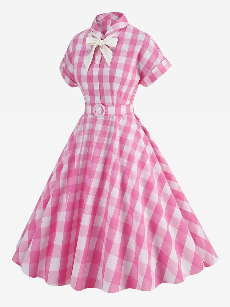 Ženska Barbie Ružičasta Gingham Haljina 1950-ih Vintage Karirana Kratkih Rukava - Ružičasta