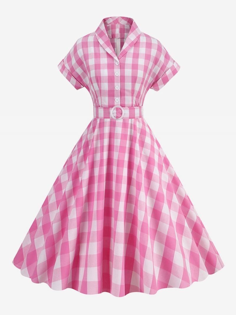 Ženska Barbie Ružičasta Gingham Haljina 1950-ih Vintage Karirana Kratkih Rukava - Ružičasta