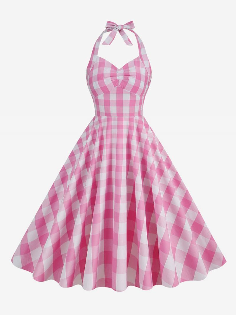 Ženska Barbie Ružičasta Gingham Haljina Iz 1950-ih Karirana Plisirana Halter Vintage