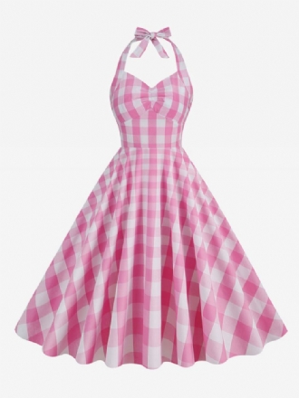 Ženska Barbie Ružičasta Gingham Haljina Iz 1950-ih Karirana Plisirana Halter Vintage