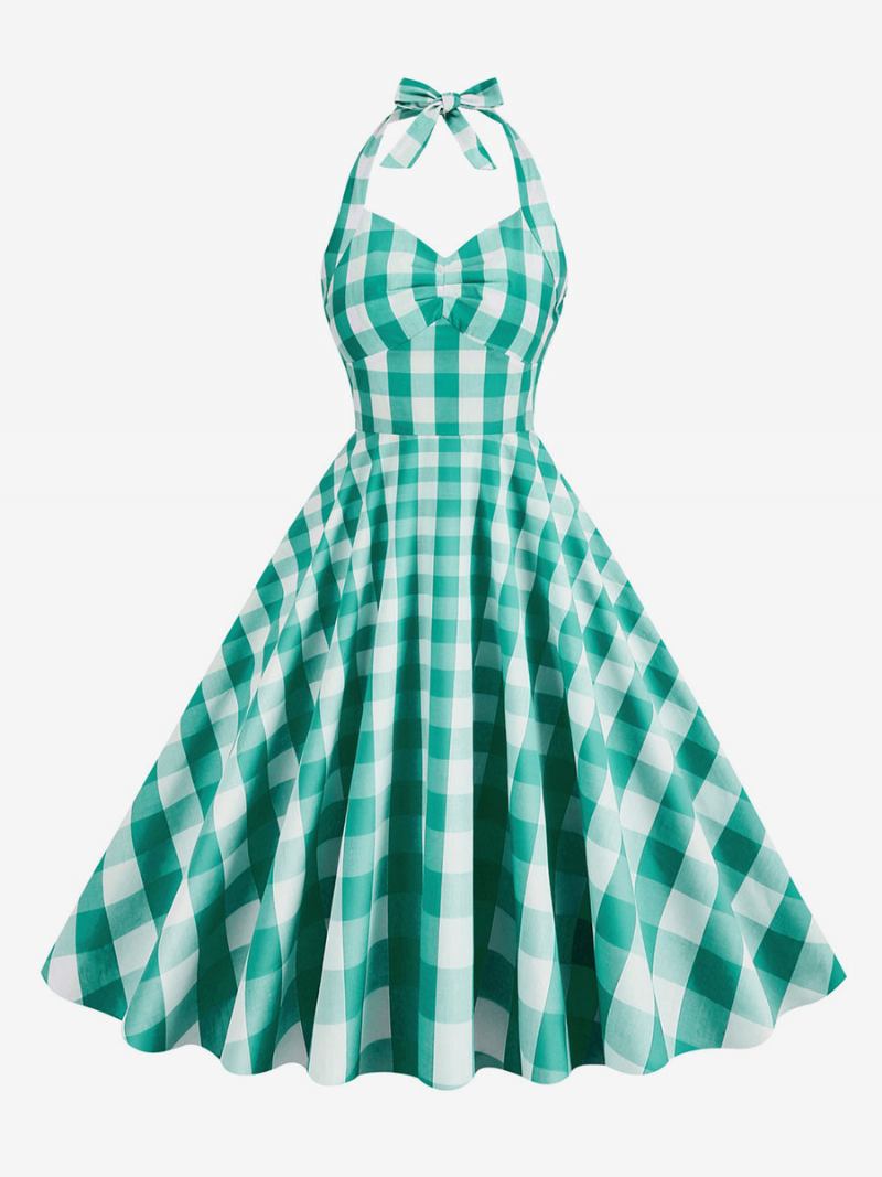 Ženska Barbie Ružičasta Gingham Haljina Iz 1950-ih Karirana Plisirana Halter Vintage - Zeleno