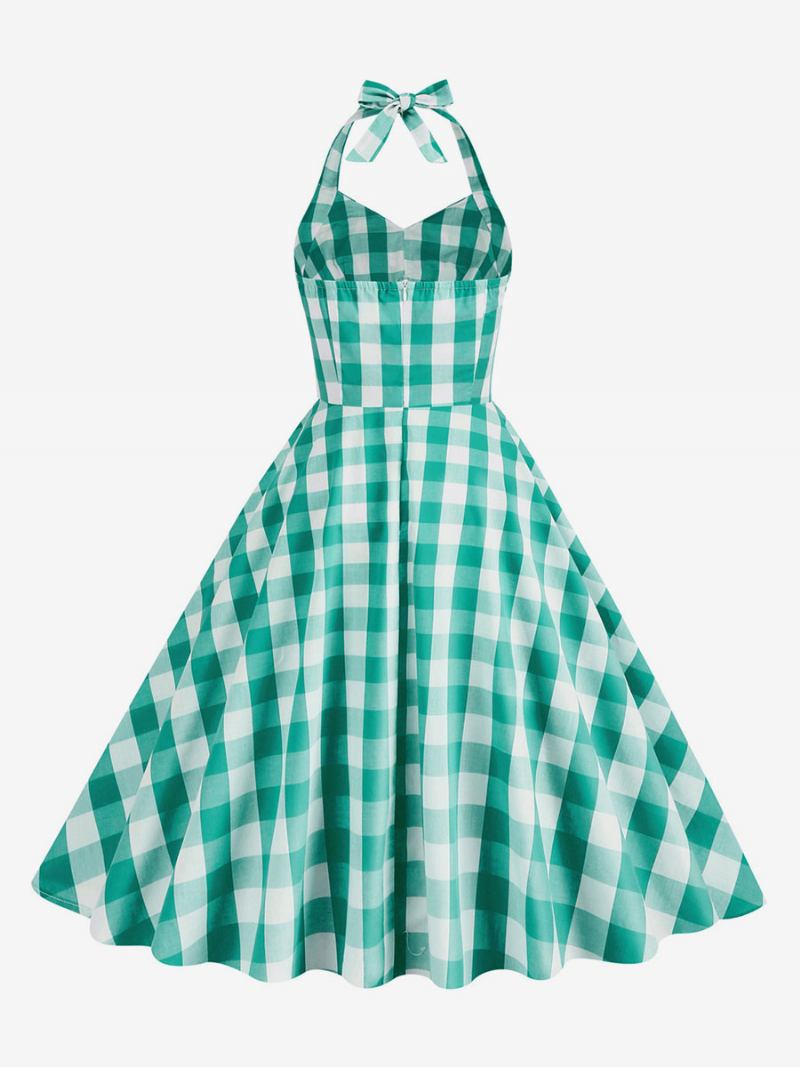 Ženska Barbie Ružičasta Gingham Haljina Iz 1950-ih Karirana Plisirana Halter Vintage - Zeleno