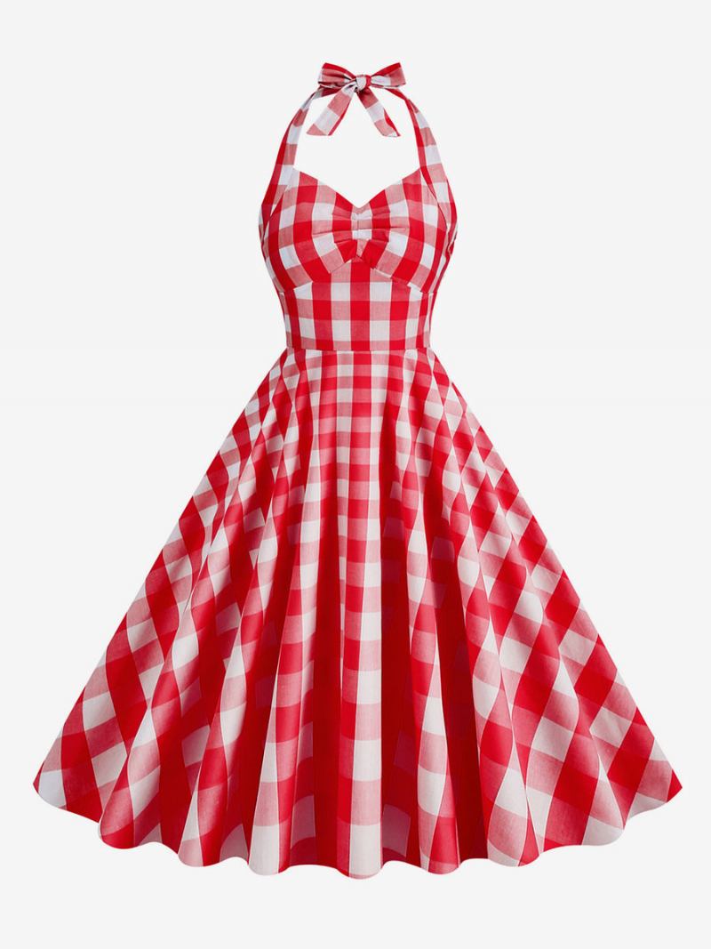 Ženska Barbie Ružičasta Gingham Haljina Iz 1950-ih Karirana Plisirana Halter Vintage - Crveno