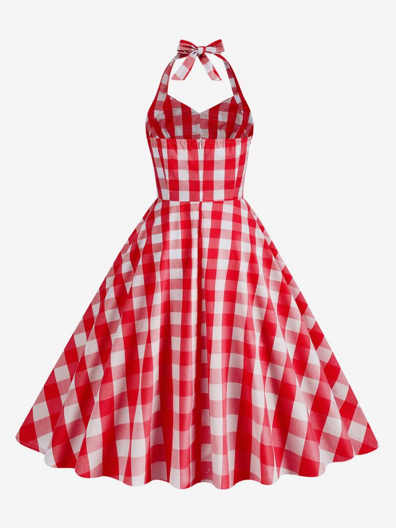 Ženska Barbie Ružičasta Gingham Haljina Iz 1950-ih Karirana Plisirana Halter Vintage - Crveno