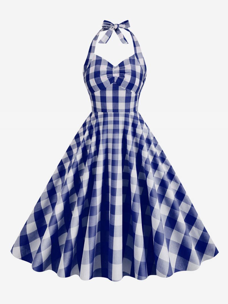 Ženska Barbie Ružičasta Gingham Haljina Iz 1950-ih Karirana Plisirana Halter Vintage - Tamno Plavo