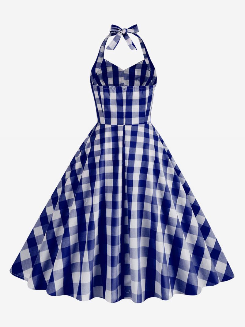 Ženska Barbie Ružičasta Gingham Haljina Iz 1950-ih Karirana Plisirana Halter Vintage - Tamno Plavo