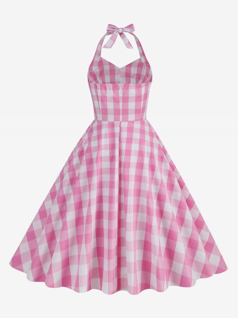 Ženska Barbie Ružičasta Gingham Haljina Iz 1950-ih Karirana Plisirana Halter Vintage - Ružičasto