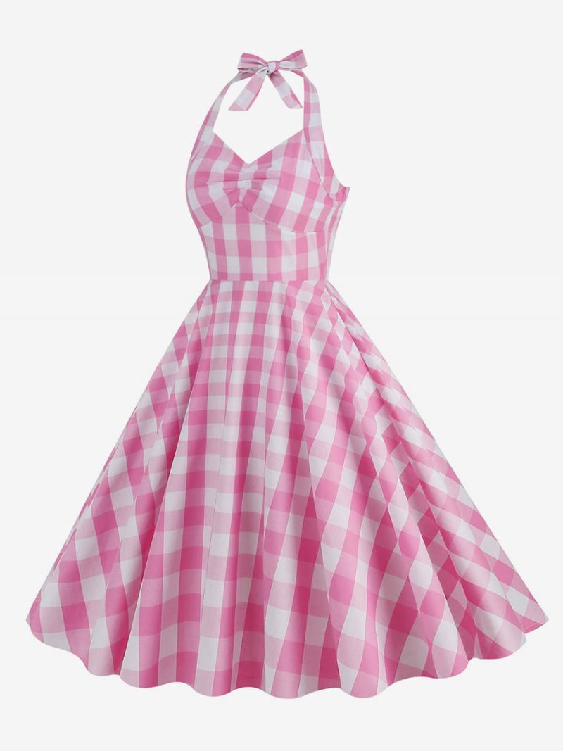 Ženska Barbie Ružičasta Gingham Haljina Iz 1950-ih Karirana Plisirana Halter Vintage - Ružičasto