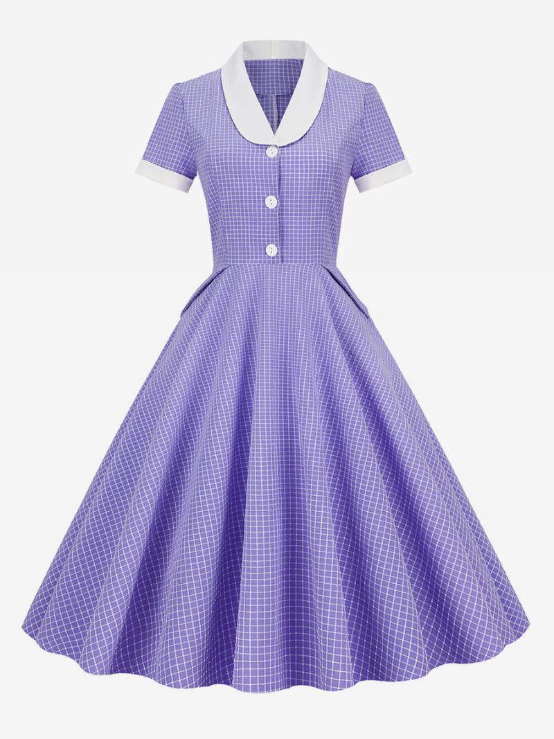 Ženska Barbie Ružičasta Gingham Haljina Vintage U Stilu Audrey Hepburn Iz 1950-ih Kratkih Rukava - Ljubičasta