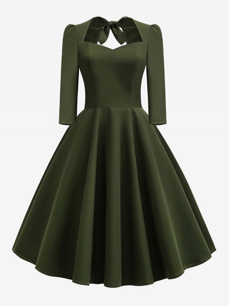 Ženska Vintage Haljina Iz 1950-ih U Stilu Audrey Hepburn S Dragim Izrezom Bez Leđa Rukavima 3/4. Rockabilly - Hunter Green