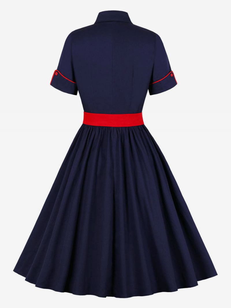 Ženska Vintage Haljina U Stilu Audrey Hepburn Iz 1950-ih Dugmad S Otvorenim Ovratnikom Kratkih Rukava Dvobojna Rockabilly - Deep Blue