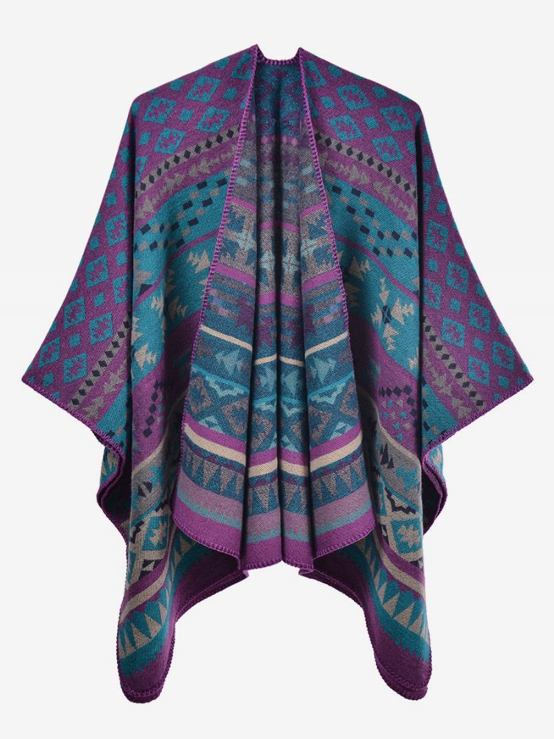 Bohemian Ženski Ogrtač Geometric Oversize Jesen Zima Poncho - Ljubičasta