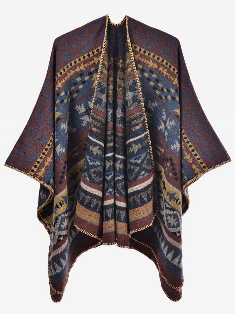 Bohemian Ženski Ogrtač Geometric Oversize Jesen Zima Poncho - Tamnoplava