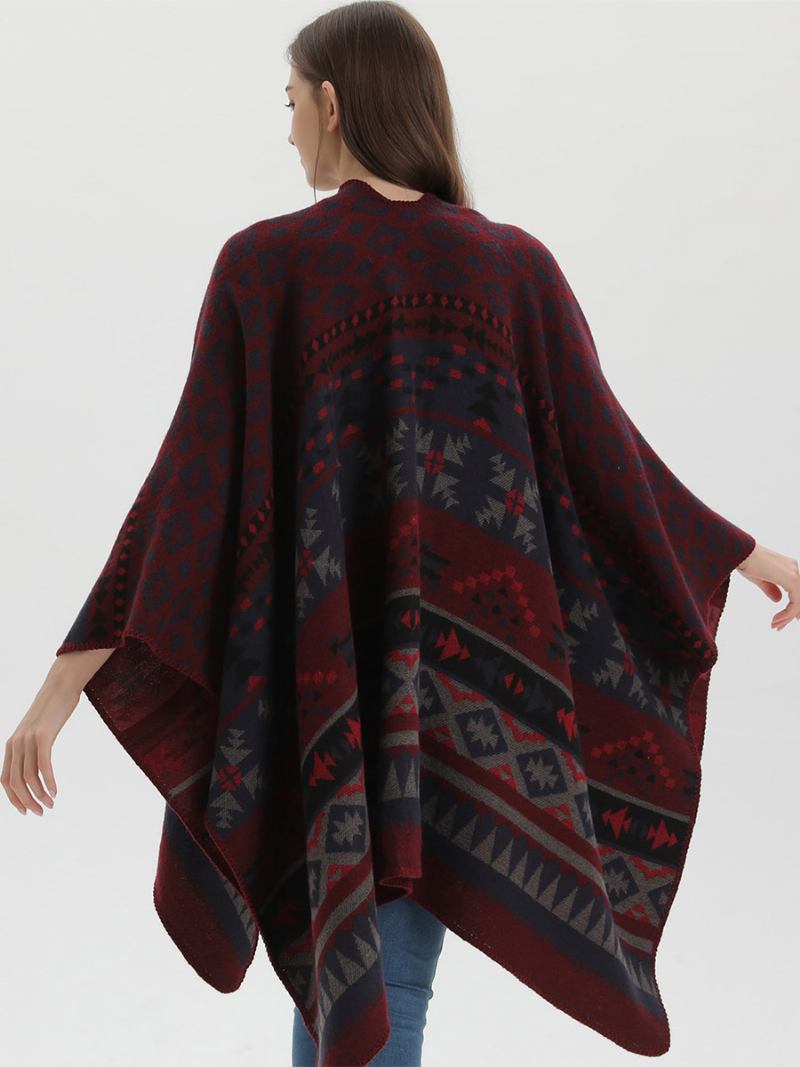 Bohemian Ženski Ogrtač Geometric Oversize Jesen Zima Poncho - Bordo