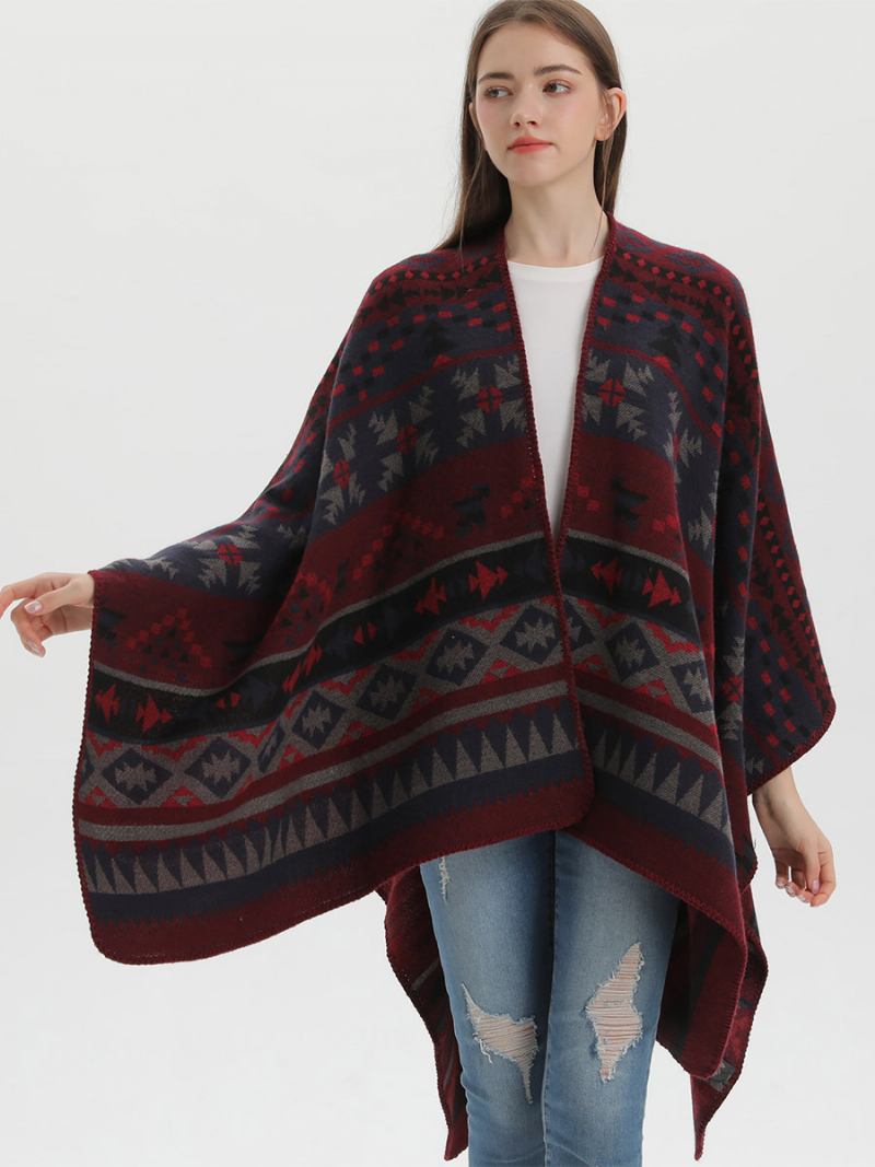 Bohemian Ženski Ogrtač Geometric Oversize Jesen Zima Poncho - Bordo