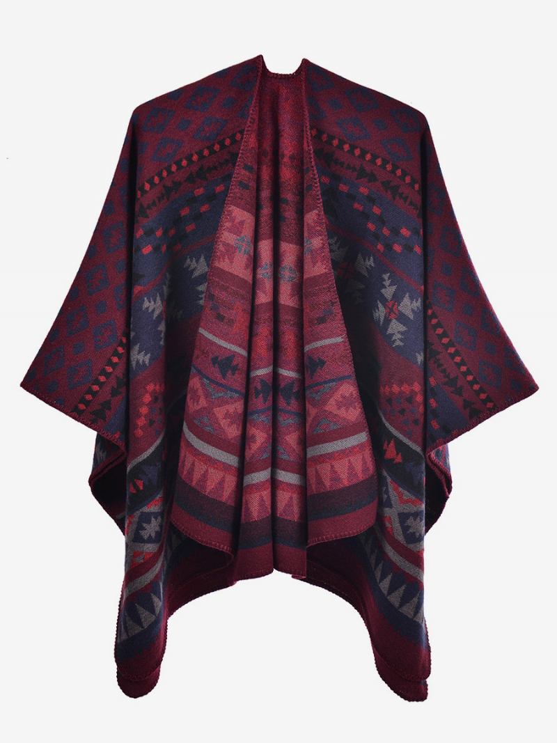 Bohemian Ženski Ogrtač Geometric Oversize Jesen Zima Poncho - Bordo