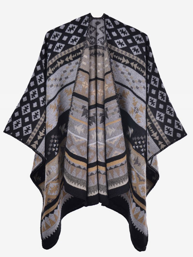 Bohemian Ženski Ogrtač Geometric Oversize Jesen Zima Poncho - Crna