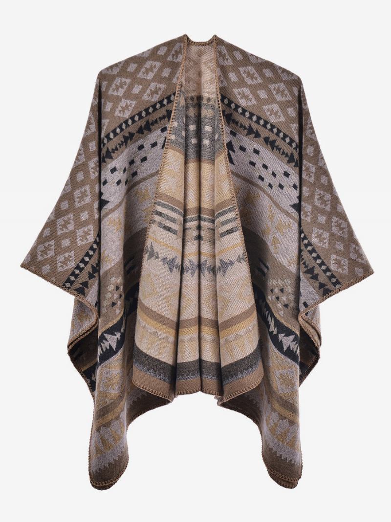 Bohemian Ženski Ogrtač Geometric Oversize Jesen Zima Poncho - Kaki